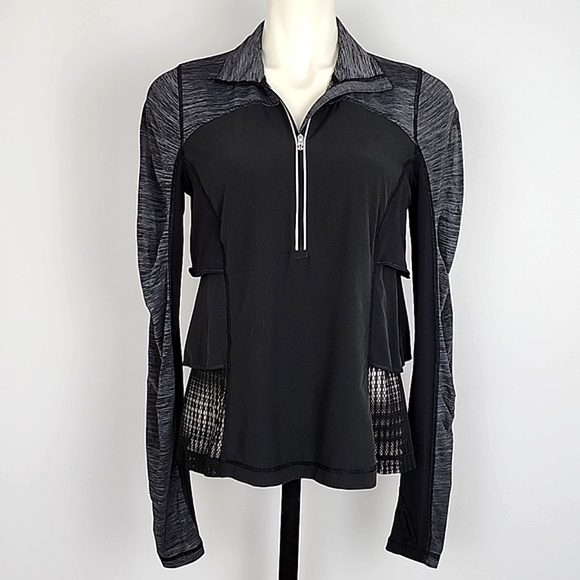 Lululemon Sun Runner Hybrid 1/4 Zip Pullover Top Black Grey Ruffle Mesh Size 8 - Picture 7 of 16
